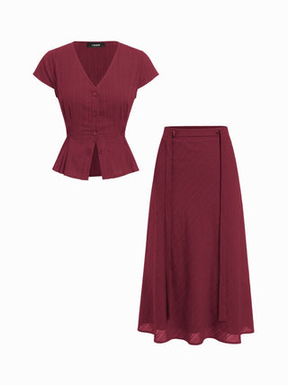 Cotton V-Neck Button Front Peplum Top & Mid Rise A-line Maxi Skirt Set With Belt