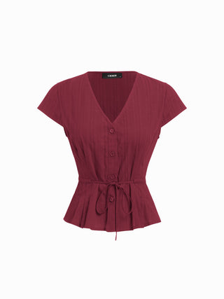 Cotton V-Neck Button Front Peplum Top & Mid Rise A-line Maxi Skirt Set With Belt