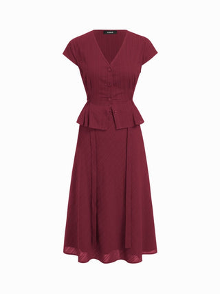 Cotton V-Neck Button Front Peplum Top & Mid Rise A-line Maxi Skirt Set With Belt