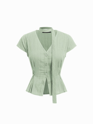 Cotton V-Neck Button Front Peplum Top & Mid Rise A-line Maxi Skirt Set With Belt