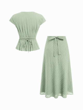 Cotton V-Neck Button Front Peplum Top & Mid Rise A-line Maxi Skirt Set With Belt