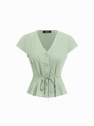 Cotton V-Neck Button Front Peplum Top & Mid Rise A-line Maxi Skirt Set With Belt