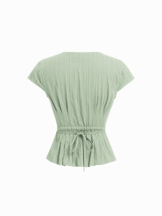 Cotton V-Neck Button Front Peplum Top & Mid Rise A-line Maxi Skirt Set With Belt