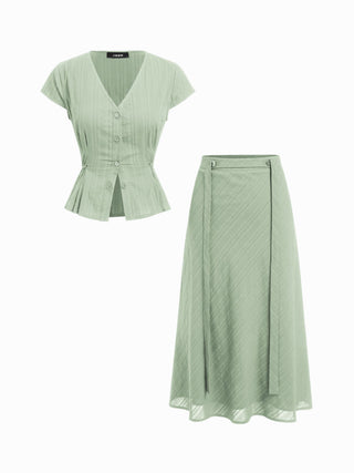Cotton V-Neck Button Front Peplum Top & Mid Rise A-line Maxi Skirt Set With Belt