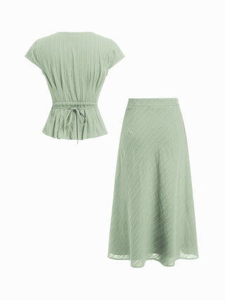 Cotton V-Neck Button Front Peplum Top & Mid Rise A-line Maxi Skirt Set With Belt