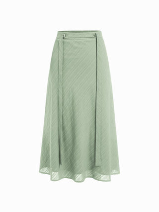 Cotton V-Neck Button Front Peplum Top & Mid Rise A-line Maxi Skirt Set With Belt