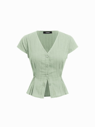 Cotton V-Neck Button Front Peplum Top & Mid Rise A-line Maxi Skirt Set With Belt