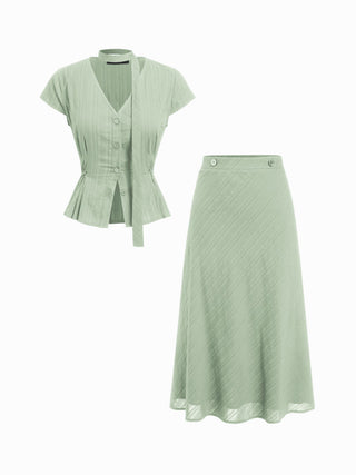 Cotton V-Neck Button Front Peplum Top & Mid Rise A-line Maxi Skirt Set With Belt