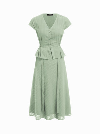 Cotton V-Neck Button Front Peplum Top & Mid Rise A-line Maxi Skirt Set With Belt