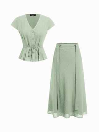 Cotton V-Neck Button Front Peplum Top & Mid Rise A-line Maxi Skirt Set With Belt