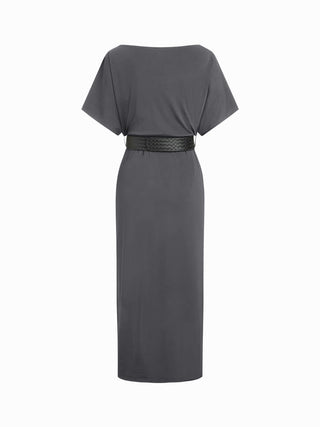 High Stretch Boat Neck Batwing Sleeve Straight Maxi Dress With Belt