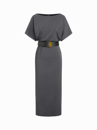 High Stretch Boat Neck Batwing Sleeve Straight Maxi Dress With Belt