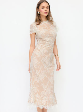 Lace Mandarin Neck Mermaid Midi Dress