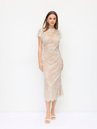 Lace Mandarin Neck Mermaid Midi Dress