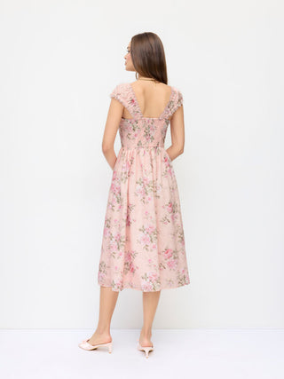 Eyelet Floral Sweetheart Neck Shirred Flared Midi Dress