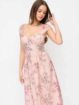 Eyelet Floral Sweetheart Neck Shirred Flared Midi Dress