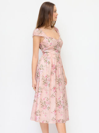 Eyelet Floral Sweetheart Neck Shirred Flared Midi Dress