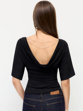 Scoop Neck Batwing Sleeve Backless Metal Detail Top