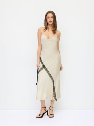 Satin Cowl Neck Lace Panel Mermaid Maxi Dress