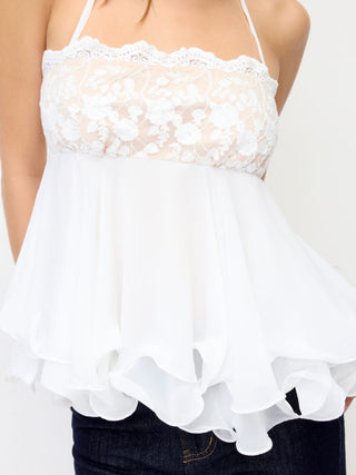 Chiffon Lace Square Neck Ruffle Hem Shirred Cami Blouse