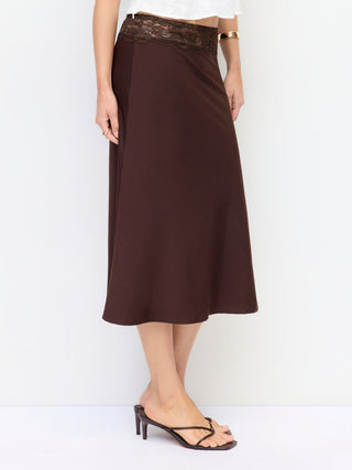 Satin Lace Mid Rise Waist Midi Skirt