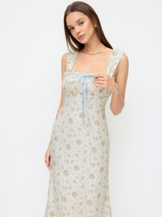 Plisse Floral Square Neck Bowknot Lace Trim Mermaid Midi Dress