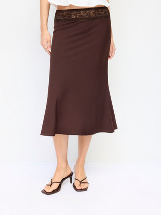 Satin Lace Mid Rise Waist Midi Skirt