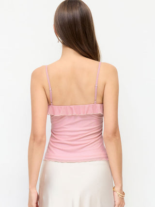 Mesh Floral Scoop Neck Ruffled Ruched Cami Top