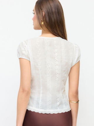 Eyelet V-neck Lace Trim Short Sleeve Blouse
