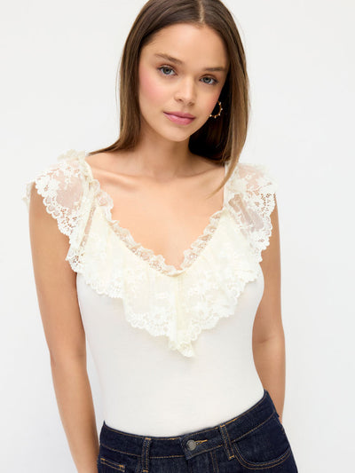 Lace Trim V-neck Ruffled Bodysuit