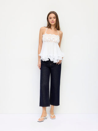 Chiffon Lace Square Neck Ruffle Hem Shirred Cami Blouse
