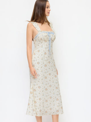 Plisse Floral Square Neck Bowknot Lace Trim Mermaid Midi Dress