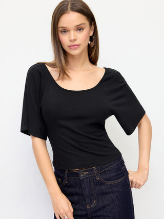Scoop Neck Batwing Sleeve Backless Metal Detail Top