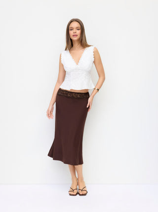 Satin Lace Mid Rise Waist Midi Skirt