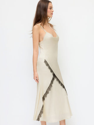 Satin Cowl Neck Lace Panel Mermaid Maxi Dress