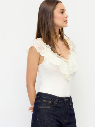 Lace Trim V-neck Ruffled Bodysuit