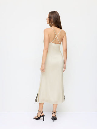 Satin Cowl Neck Lace Panel Mermaid Maxi Dress