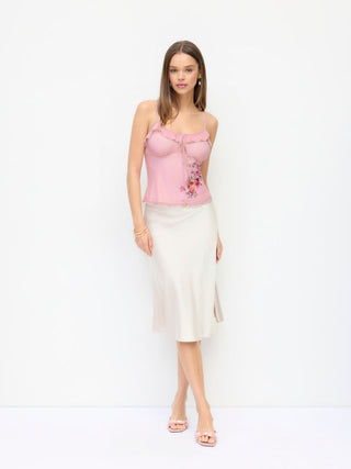 Mesh Floral Scoop Neck Ruffled Ruched Cami Top