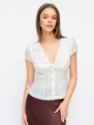 Eyelet V-neck Lace Trim Short Sleeve Blouse