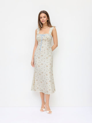 Plisse Floral Square Neck Bowknot Lace Trim Mermaid Midi Dress