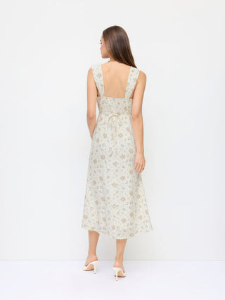 Plisse Floral Square Neck Bowknot Lace Trim Mermaid Midi Dress