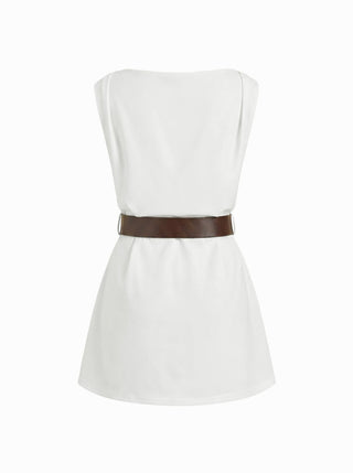 Boat Neck Ruched Belted A-line Mini Dress