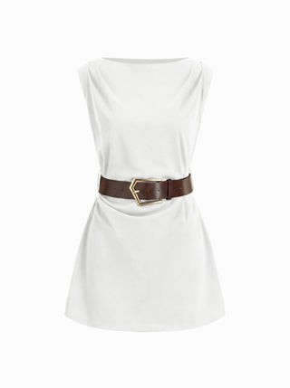 Boat Neck Ruched Belted A-line Mini Dress
