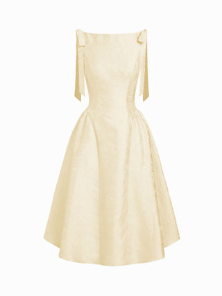Jacquard Sculptural Boat Neck Bowknot Backless Flared Maxi Dress
