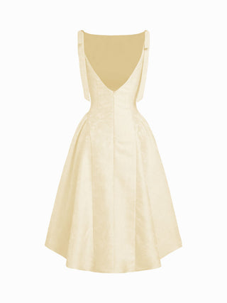 Jacquard Sculptural Boat Neck Bowknot Backless Flared Maxi Dress