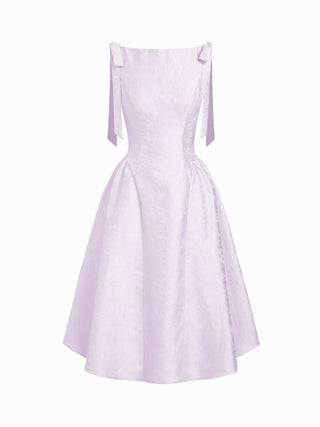 Jacquard Sculptural Boat Neck Bowknot Backless Flared Maxi Dress