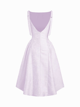 Jacquard Sculptural Boat Neck Bowknot Backless Flared Maxi Dress