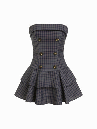 Plaid Double-Breasted Strapless Tiered Mini Dress
