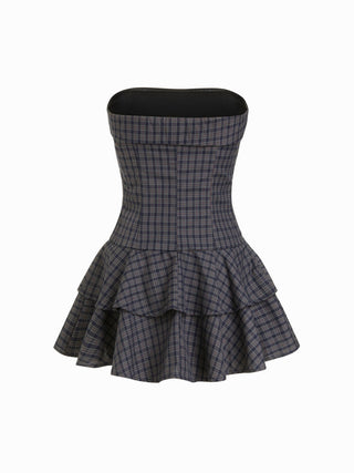 Plaid Double-Breasted Strapless Tiered Mini Dress