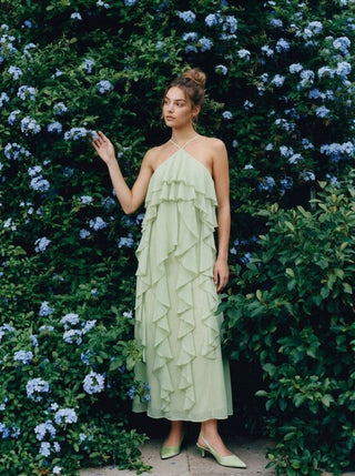 Chiffon Halter Neck Ruffle Maxi Strappy Dress